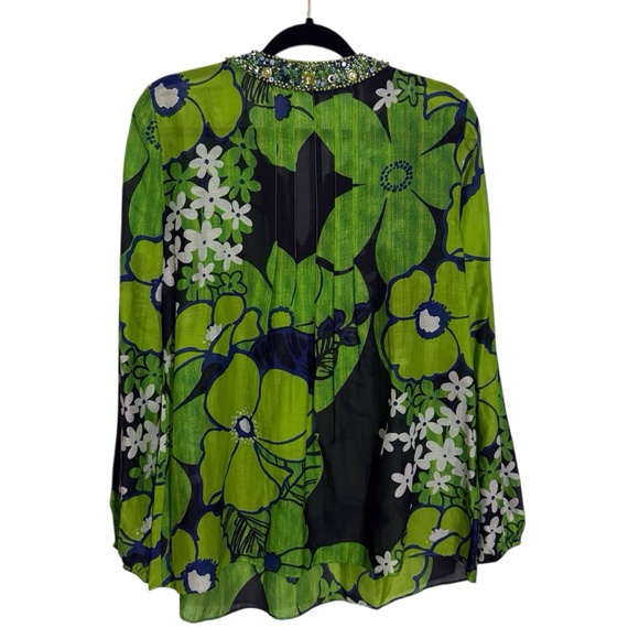 Lafayette 148 New York Size 6 Green Mod Beaded Floral Tunic Top Vacation Beach - Picture 6 of 8